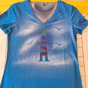 Custom, handmade lighthouse, beach themed V-Neck shirt